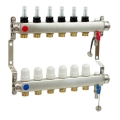 Rozdzielacz ze stali nierdzewnej 4-drogowy uzbrojony z wkładkami regulacyjnymi, odpowietrznikami ręcznymi, zaw.spustowymi i przepływomierzami