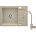 ZORBA Zestaw: Zlewozmywak granitowy 1-komorowy z ociekaczem 580x440x160 mm z syfonem i Baterią stojącą NEMEZJA Piaskowy 