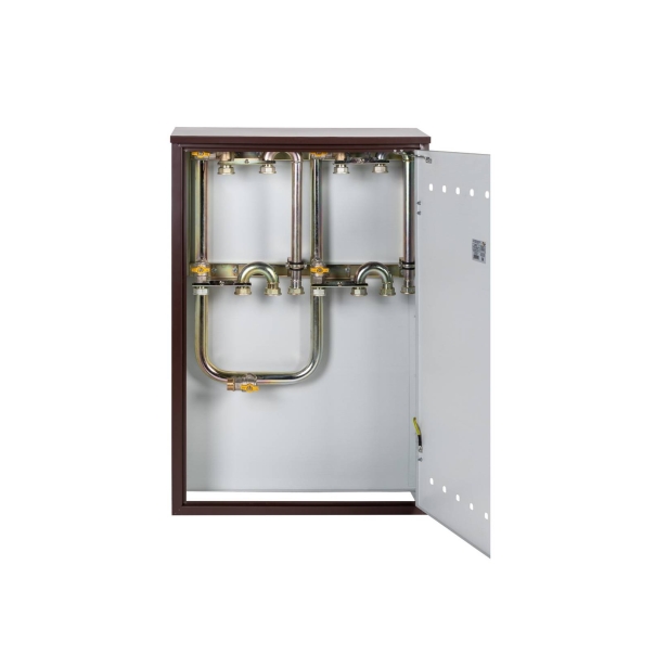 Punkt redukcyjno-pomiarowy na 3-4 gazomierzy G4/G6, w pionie, w skrzynce metalowej - brąz