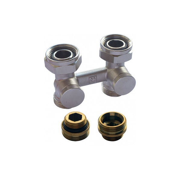 HERZ Zawór przyłączeniowy (VKO) HERZ-3000, Rp 1/2 x G 3/4, figura prosta, z nyplami, do instalacji dwururowych, z odcięciem