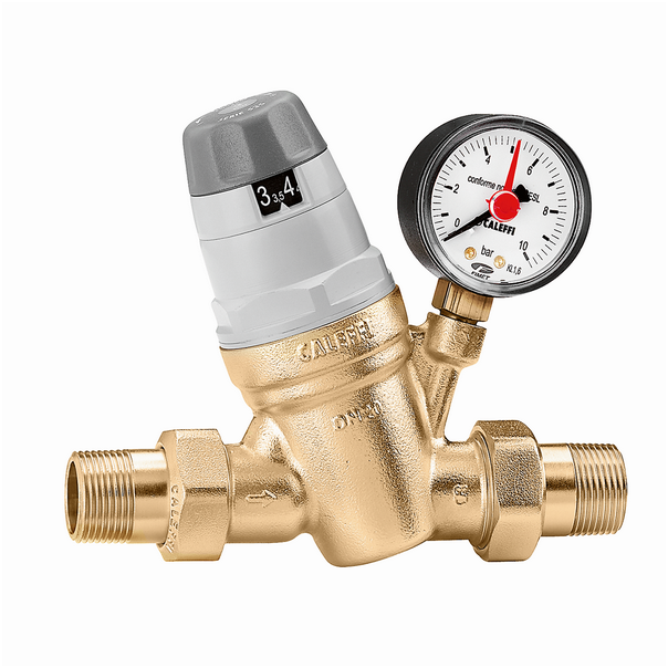 Reduktor ciśnienia wody mosiężny Caleffi 1" z nastawą, półśrubunkami i manometrem