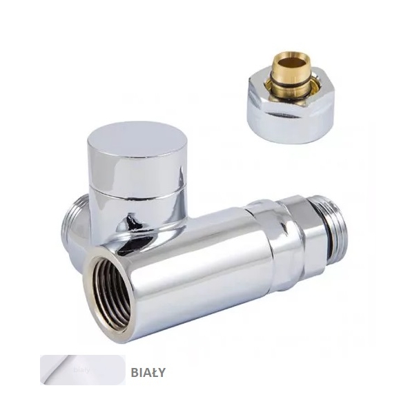 Zawór (trójnik) grzejnikowy powrotny lewy do montażu grzałki, Biały, GZ 1/2