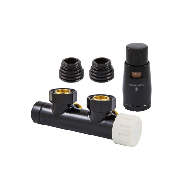 Zestaw Duo-plex 3/4"x M22x15 kątowy prawy CZARNY RAL9005 + nyple głowica termostatyczna na powrocie po Prawej stronie