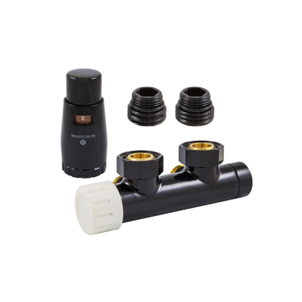 Zestaw Duo-plex 3/4"x M22x15 kątowy lewy CZARNY RAL9005 + nyple głowica termostatyczna na powrocie po Lewej stronie