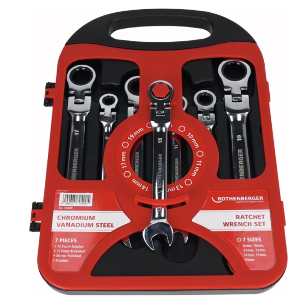 ROCLICK zestaw kluczy kombinowanych płaskich-oczkowych, z obrotowym przegubem i grzechotką, SW 8-10-11-13-14-17-19, w skrzynce