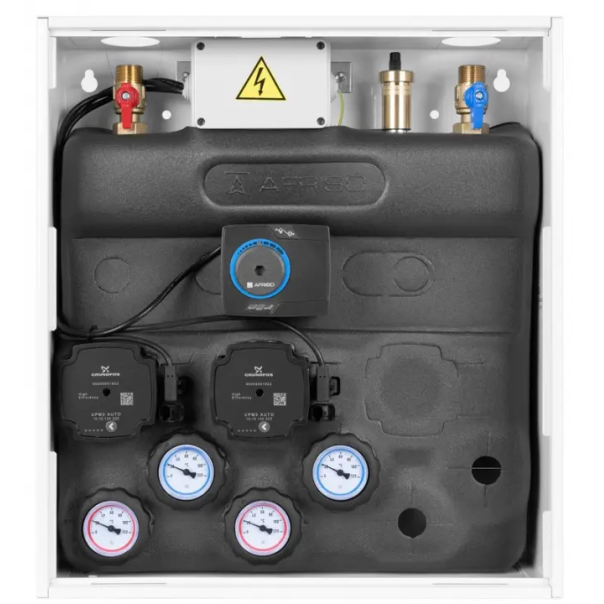 Zestaw PrimoBox AZB 405 w szafce z rozdzielaczem, 1 obieg bezpośredni i 1 obieg z zaworem mieszającym i siłownikiem