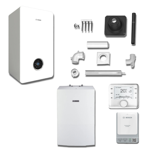 Pakiet kocioł kondensacyjny Bosch Condens GC5700iW 24P + zasobnik WD120B + regulator pogodowy CR 400 + K40RF + zestaw do szachtu 60/100 fi 60