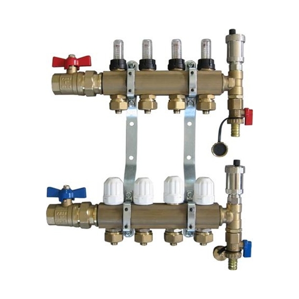Rozdzielacz mosiężny do podłogówki, na 2 sekcje, z przepływomierzami i zaworami regulacyjnymi, zaworami zasilającymi, odpowietrznikami automatycznymi i zaworami spustowymi PREMIUM-1