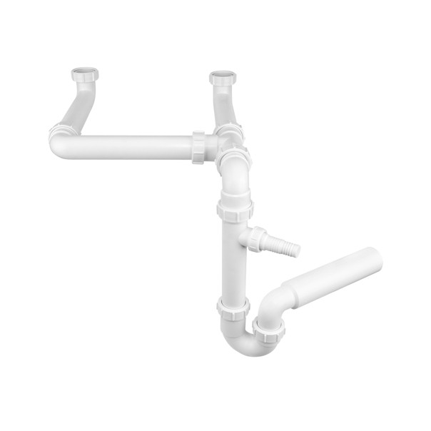 Półsyfon do zlewozmywaka 2-komorowego, rurowy, 50 mm x 6/4", z przyłaczem do pralki lub zmywarki (oszczędzający miejsce) 