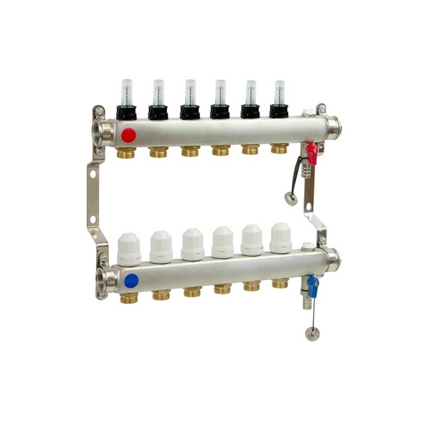 Rozdzielacz ze stali nierdzewnej 4-drogowy uzbrojony z wkładkami regulacyjnymi, odpowietrznikami ręcznymi, zaw.spustowymi i przepływomierzami