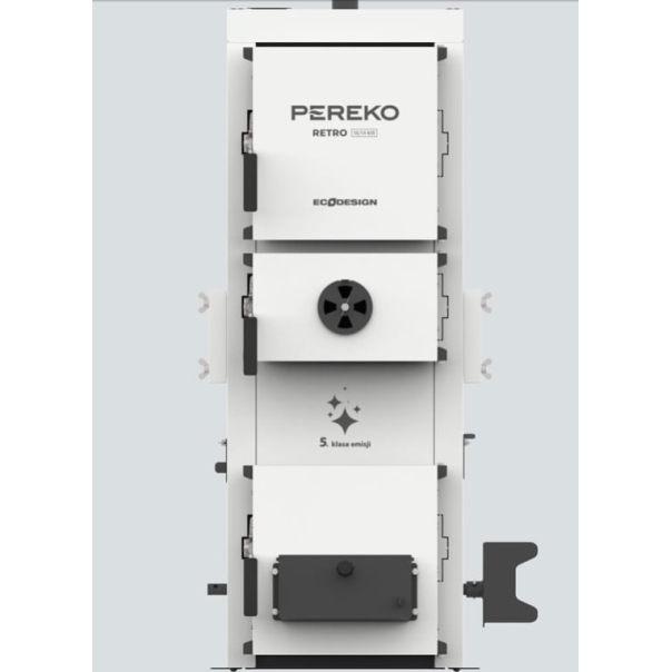 Kocioł zasypowy Pereko Retro zgazowujący drewno 20 kW klasa 5 ECO Design, czopuch do tyłu