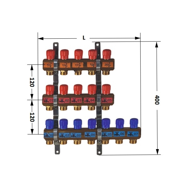Rozdzielacz do wody pitnej i C.W.U 6 x cyrkulacja, 6 x ciepła woda, 10 x zimna woda