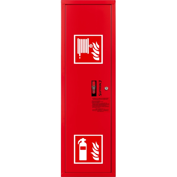 Hydrant DN25 zawieszany boczny z miejscem na gaśnice, wąż półsztywny 30m, zamek patent - LEWY CZERWONY