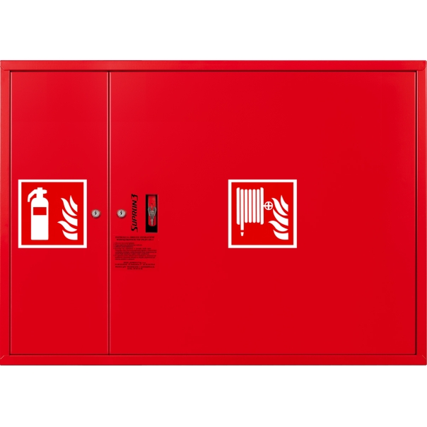 Hydrant DN25 zawieszany z miejscem na gaśnicę obok zwijaka, wąż półsztywny 20m, zamek  Patent -  CZERWONY