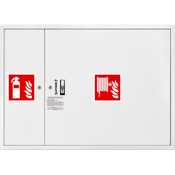 Hydrant DN25 zawieszany z miejscem na gaśnicę obok zwijaka, wąż półsztywny 20m, zamek Patent -  BIAŁY