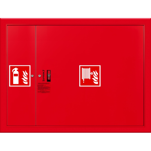 Hydrant DN25 FIT uniwersalny, z osobnym kołnierzem, z miejscem na gaśnicę obok zwijadła, wąż półsztywny 30m, zamek patent - CZERWONY