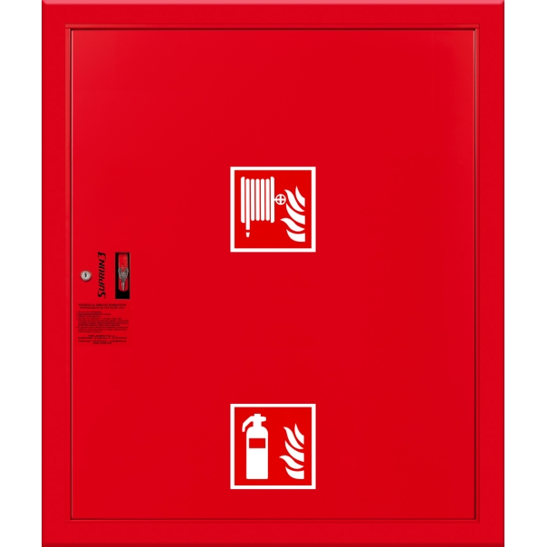 Hydrant DN25 FIT uniwersalny, z osobnym kołnierzem, z miejscem na gaśnicę pod zwijadłem, wąż półsztywny 30m, zamek patent - CZERWONY