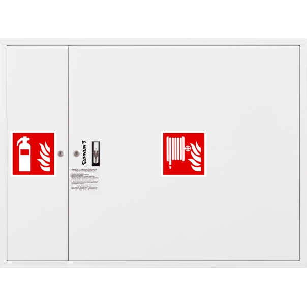 Hydrant DN25 FIT zawieszany z miejscem na gaśnicę obok zwijadła, wąż półsztywny 20m, zamek patent - BIAŁY