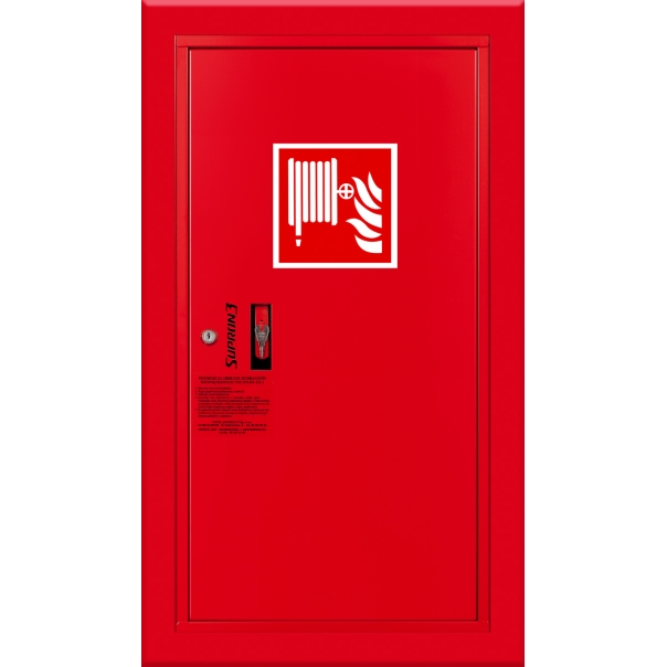 Hydrant DN33 wnękowy boczny, wąż półsztywny 30m, ocynk fasada, zamek patent - PRAWY CZERWONY