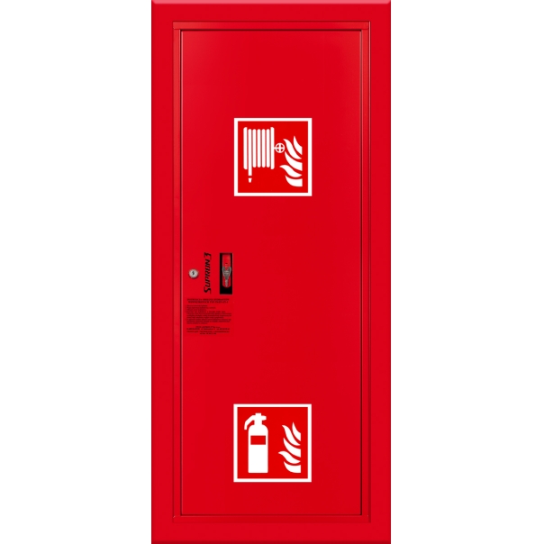 Hydrant DN33 wnękowy boczny z miejscem na gaśnicę, wąż półsztywny 30m, ocynk fasada, zamek patent - PRAWY CZERWONY