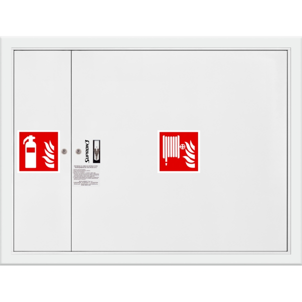 Hydrant DN33 wnękowy z miejscem na gaśnicę obok zwijadła, wąż półsztywny 20m, ocynk fasada, zamek patent - BIAŁY