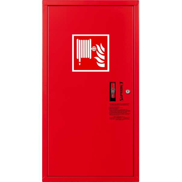 Hydrant DN33 zawieszany boczny, wąż półsztywny 30m, ocynk fasada, zamek patent - LEWY CZERWONY