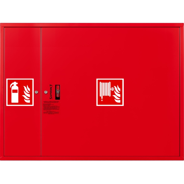 Hydrant DN33 zawieszany z miejscem na gaśnicę obok zwijadła, wąż półsztywny 20m, ocynk fasada, zamek patent - CZERWONY