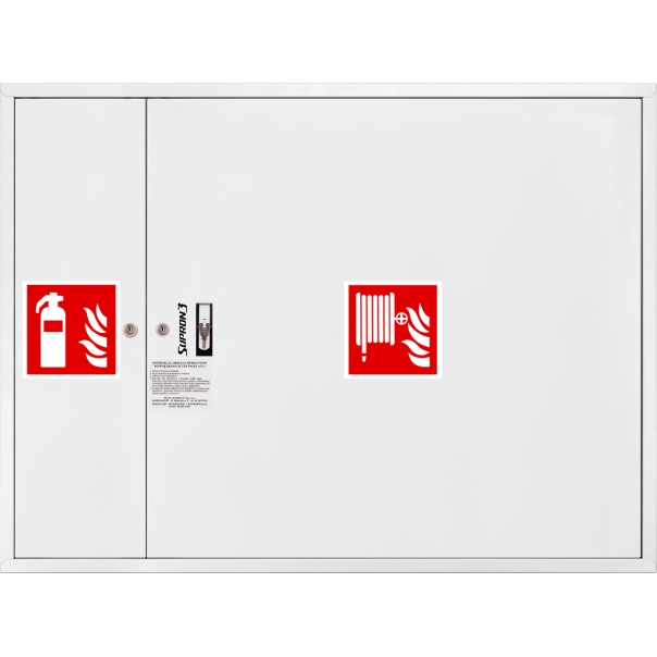 Hydrant DN33 zawieszany z miejscem na gaśnicę obok zwijadła, wąż półsztywny 20m, ocynk fasada, zamek patent - BIAŁY