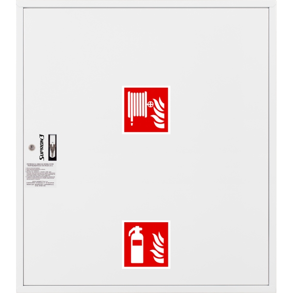 Hydrant DN33 zawieszany z miejscem na gaśnice pod zwijadłem, wąż półsztywny 30m, ocynk fasada, zamek patent - BIAŁY