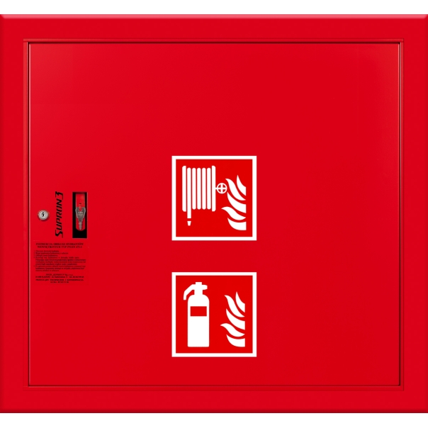 Hydrant DN52 wnękowy ze zwijadłem, z miejscem na gaśnicę solo, wąż płasko składany 15m, zamek patent - CZERWONY