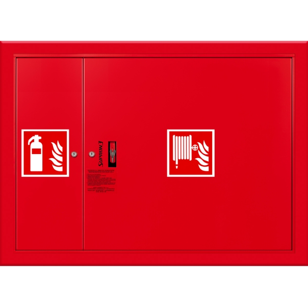 Hydrant DN52 wnękowy z miejscem na gaśnicę obok zwijadła, wąż płasko składany 15m, zamek patent - CZERWONY