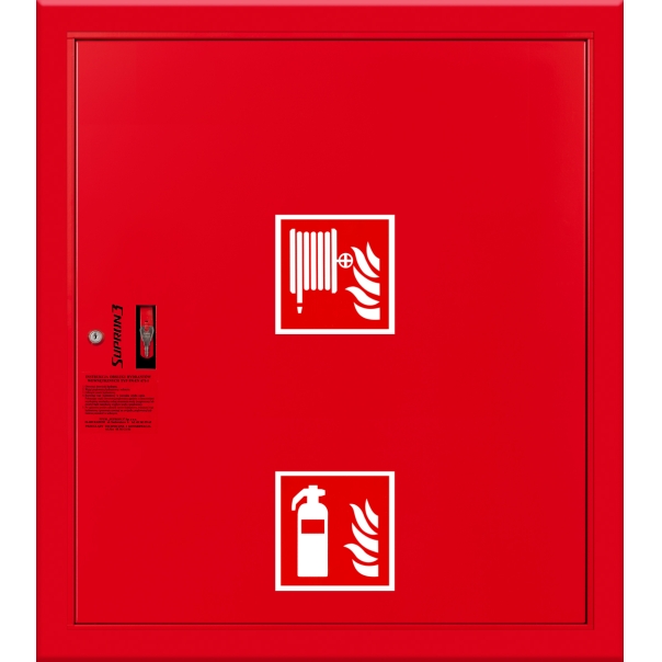 Hydrant DN52 wnękowy z miejscem na gaśnicę pod zwijadłem, wąż płasko składany 15m, zamek patent - CZERWONY