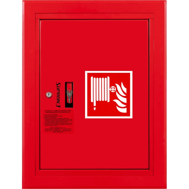 Hydrant DN52 wnękowy z kołyską, wąż płasko składany 15m, zamek patent - CZERWONY