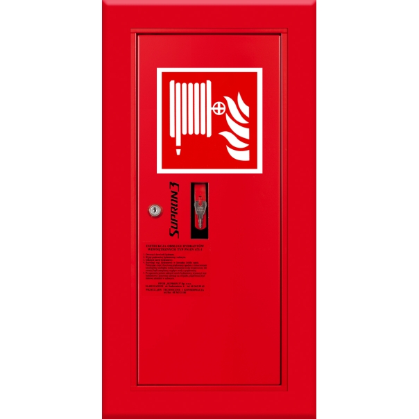 Hydrant DN52 wnękowy boczny z koszem, wąż płasko składany 20m, zamek patent - PRAWY CZERWONY