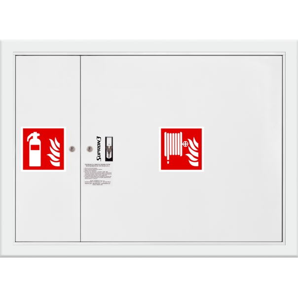 Hydrant DN52 wnękowy z miejscem na gaśnicę obok kosza, wąż płasko składany 15m, zamek patent - BIAŁY