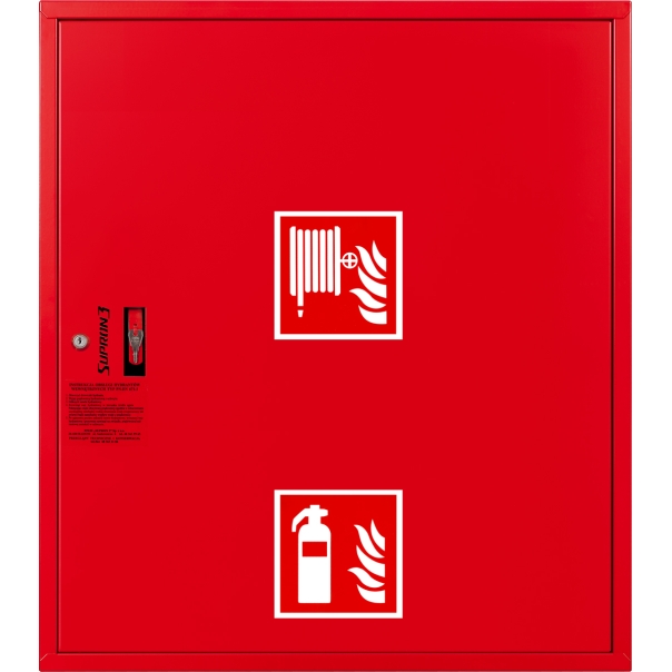 Hydrant DN52 zawieszany z miejscem na gaśnice pod zwijadłem, wąż płasko składany 15m, zamek patent - CZERWONY