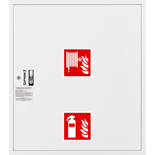 Hydrant DN52 zawieszany z miejscem na gaśnice pod zwijadłem, wąż płasko składany 15m, zamek patent - BIAŁY