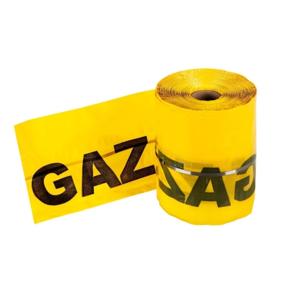 Taśma ostrzegawcza żółta z wkładką metalową i nadrukiem GAZ, szerokość 20 cm L=50m