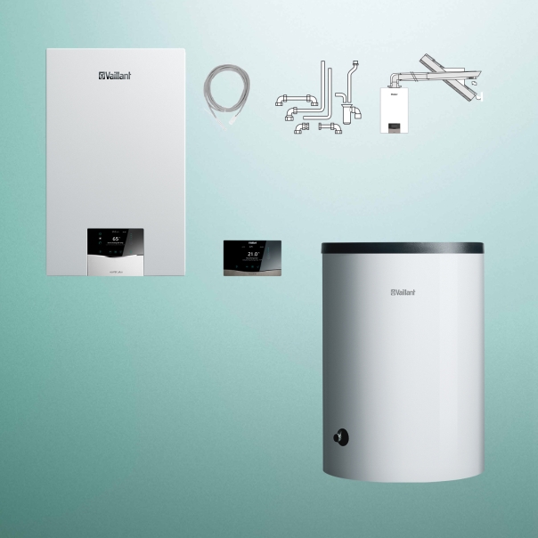 Pakiet kocioł kondensacyjny VC 15 CS/1-5 + zasobnik VIH R 150/6 B + sensoCOMFORT VRC 720 + zestaw spalinowy przez ścianę POZIOM + zestaw podłączeniowy