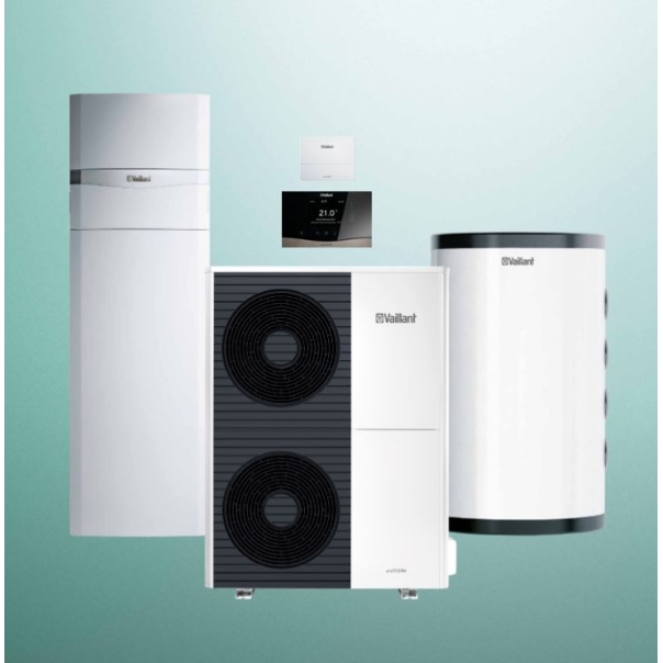 Pakiet pompa ciepła split Vaillant VWL 125/5AS + centrala grzewcza uniTOWER VWL 128/5IS + bufor VP RW 100/3B + sterownik sensoCOMFORT VRC 720 + moduł internetowy VR 940f