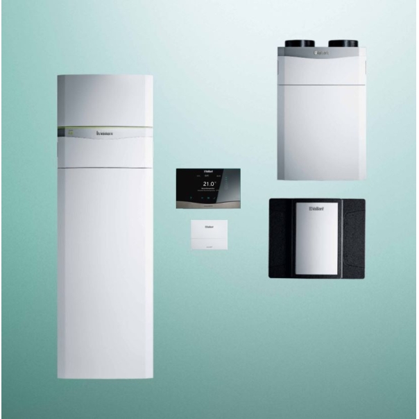 Pakiet pompa ciepła gruntowa Vaillant flexoCOMPACT VWF 118/4 moc 11,2 kW z wbudowanym zasobnikiem 185 + rekuperator 306/4 + moduł kaskadowy VR 32/3 + moduł chłodzenia VWZ NC 11/4 + sensoCOMFORT VRC 720 + moduł internetowy VR 940f