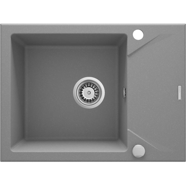 EVORA Zlewozmywak granitowy 1-komorowy z ociekaczem 590x440x180 mm z syfonem Szary Metalik 