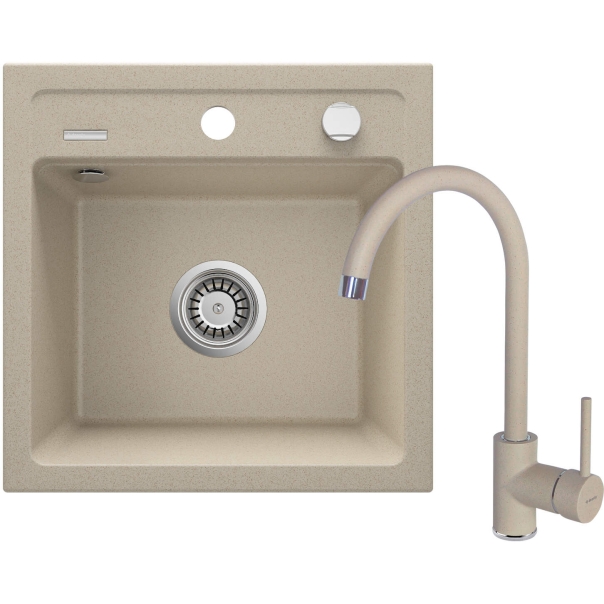 ZORBA Zestaw: Zlewozmywak granitowy 1-komorowy 440x440x170 mm z syfonem i Baterią stojącą NEMEZJA Oiaskowy 