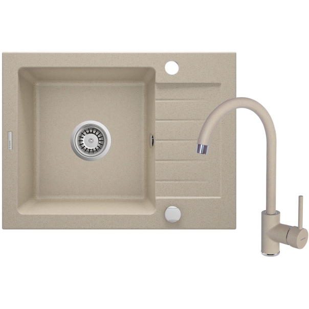 ZORBA Zestaw: Zlewozmywak granitowy 1-komorowy z ociekaczem 580x440x160 mm z syfonem i Baterią stojącą NEMEZJA Piaskowy 